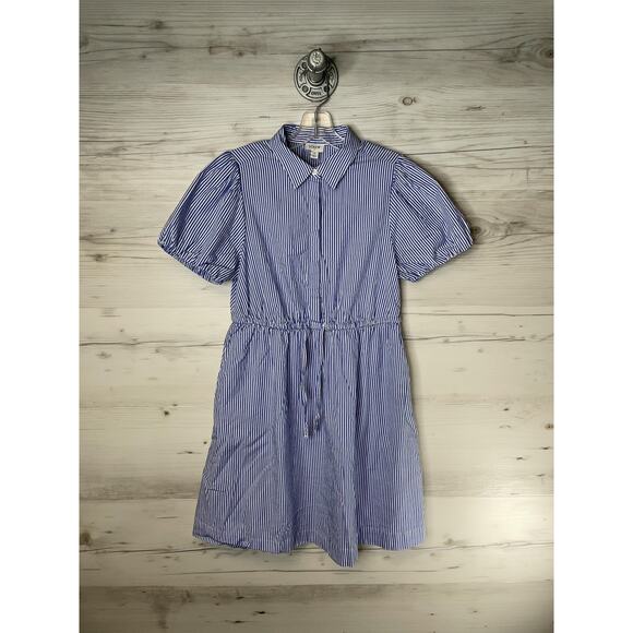 J.Crew Dress Womens 4 Blue White Striped Shirt Dress Puff Sleeve Drawstring - Picture 1 of 9